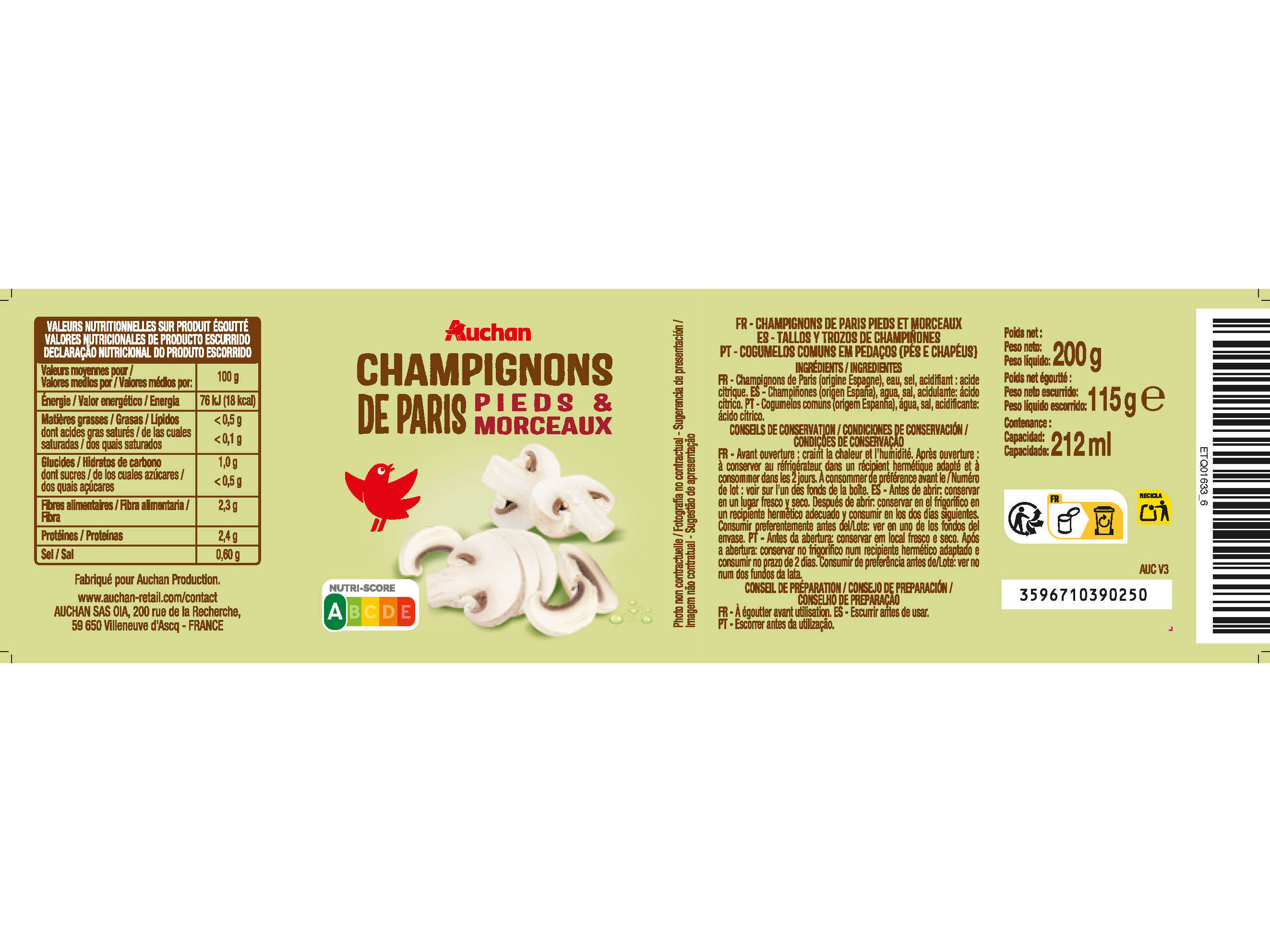 COGUMELOS LAMINADOS AUCHAN 3X200(115)G image number 1