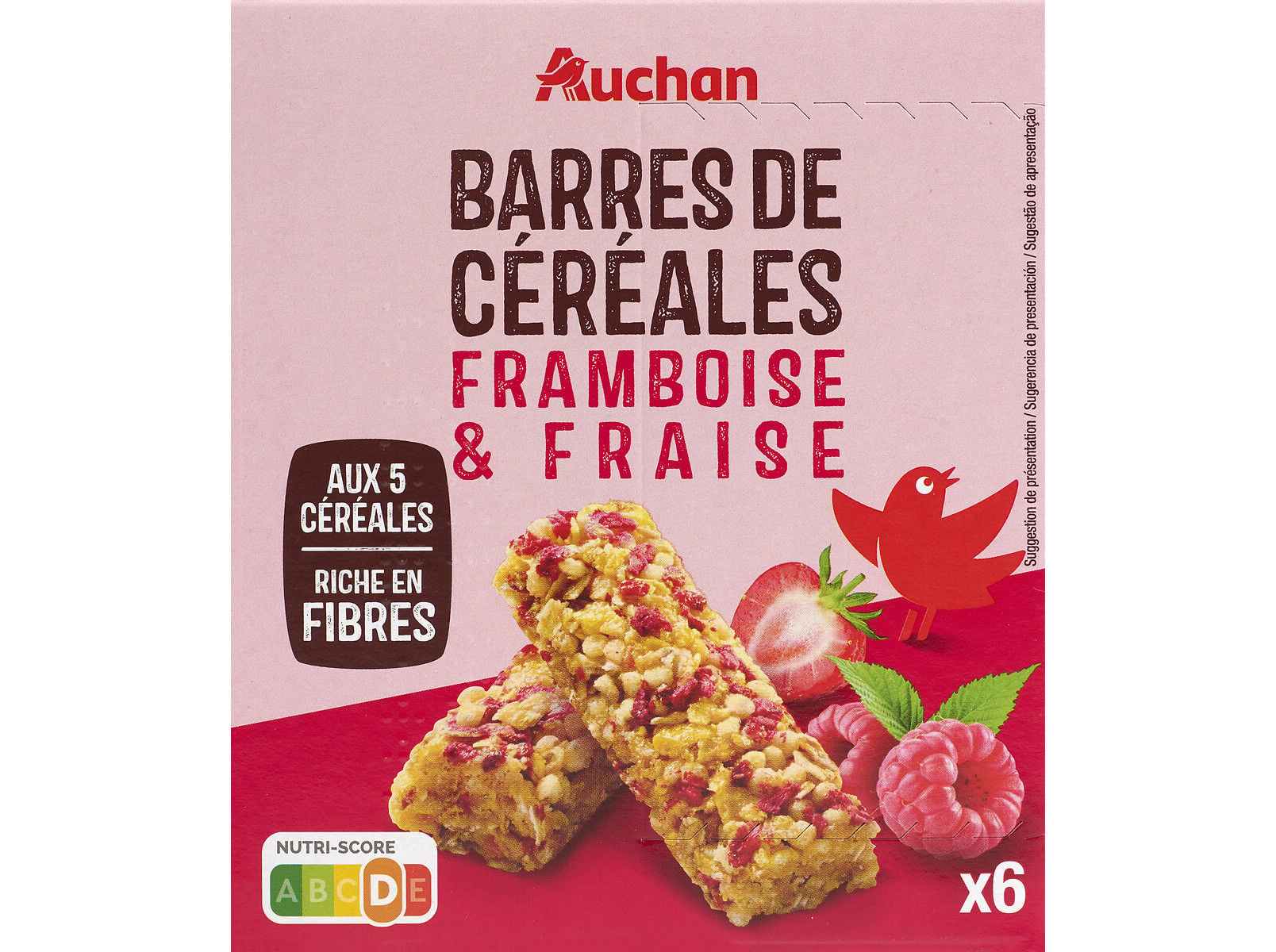 BARRA DE CEREAIS AUCHAN FRAMBOESA E MORANGO 6UN 108G