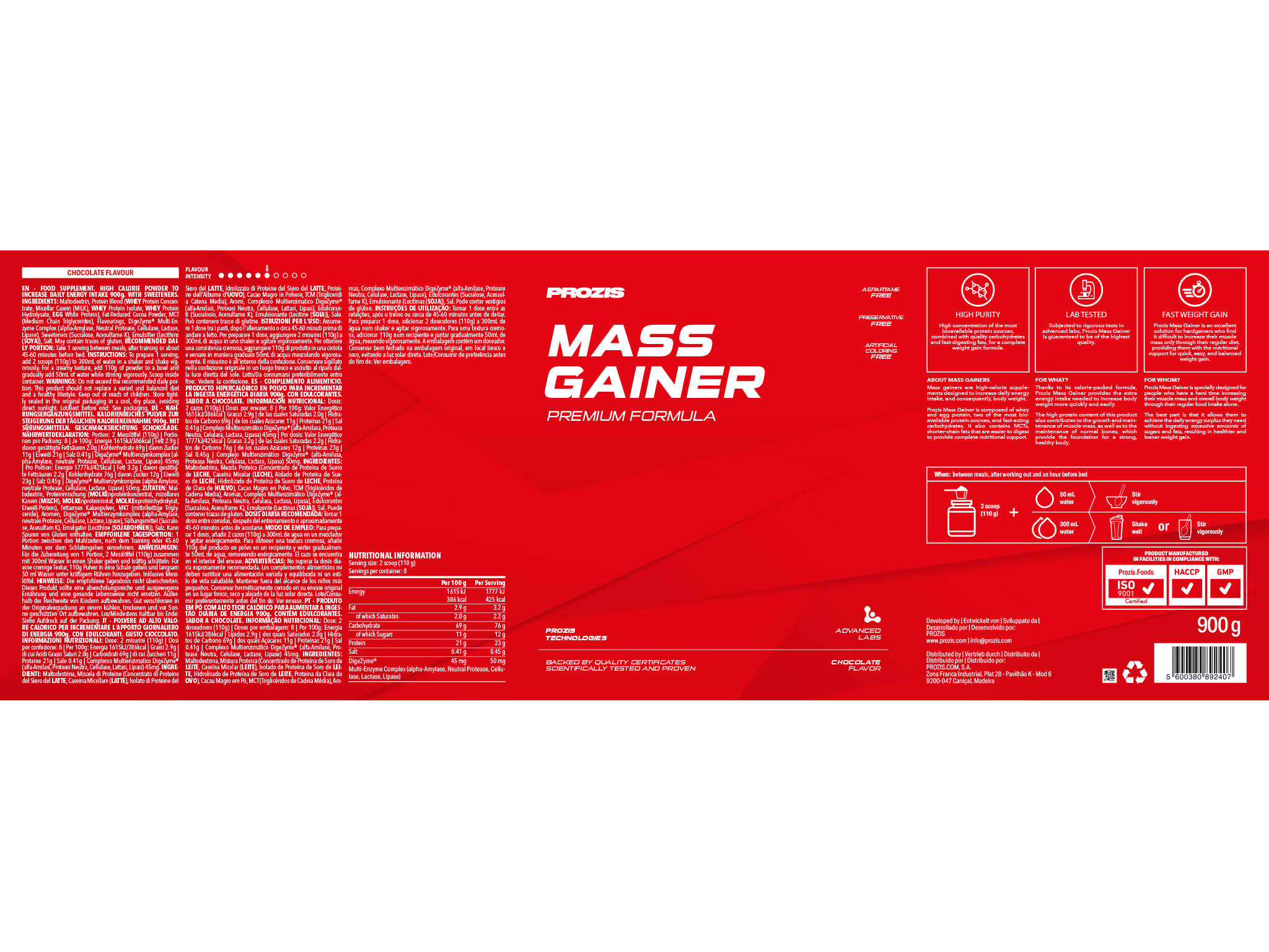SUPLEMENTO PROZIS MASS GAINER CHOCOLATE 900G image number 1
