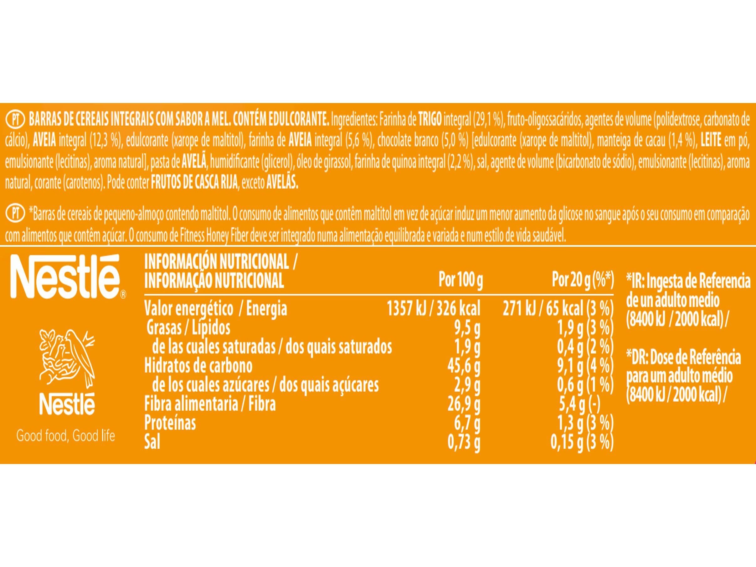 BARRA CEREAIS FITNESS 0% A&Ccedil;U. ADIC. MEL FIBRA 4X20G image number 1