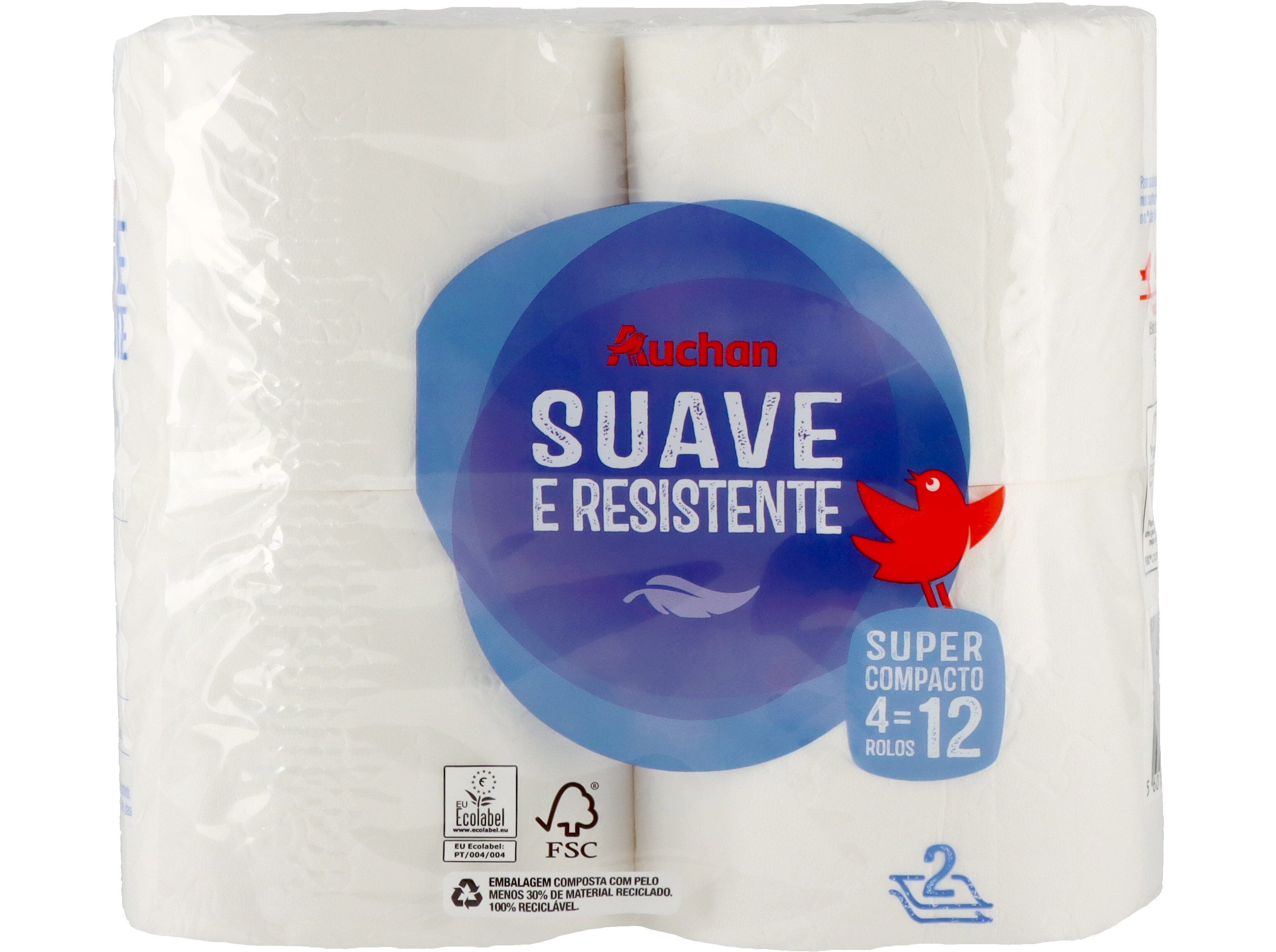 PAPEL HIGI&Eacute;NICO AUCHAN SUAVE E RESISTENTE FOLHA DUPLA SUPER COMPACTO 4 ROLOS = 12 ROLOS image number 0