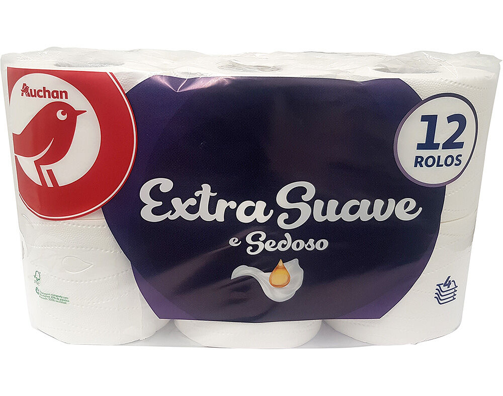 PAPEL HIGI&Eacute;NICO AUCHAN EXTRA SUAVE E SEDOSO 4 FOLHAS 12 ROLOS