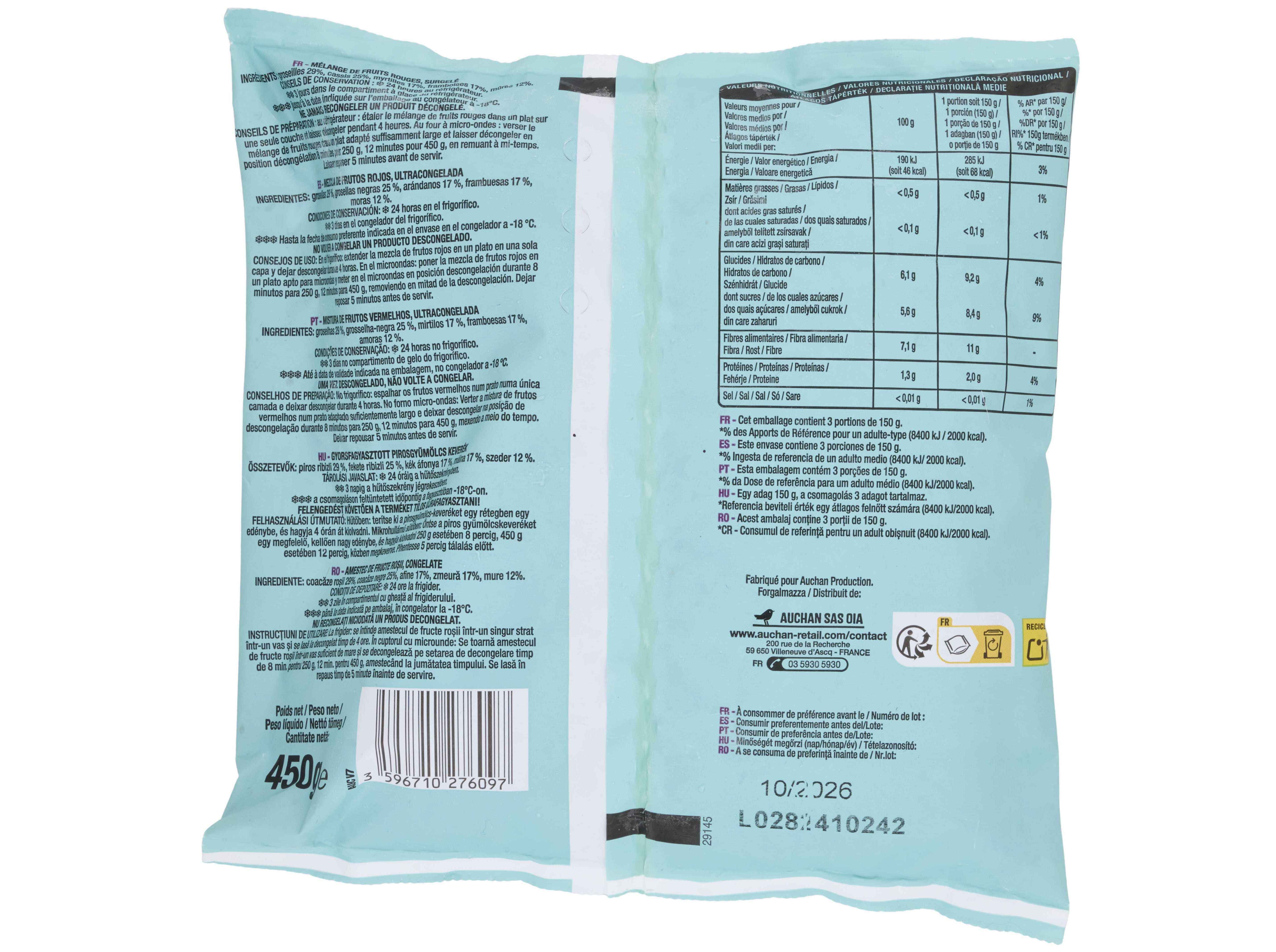 FRUTOS VERMELHOS AUCHAN INTEIROS ULTRACONGELADOS 450G image number 1