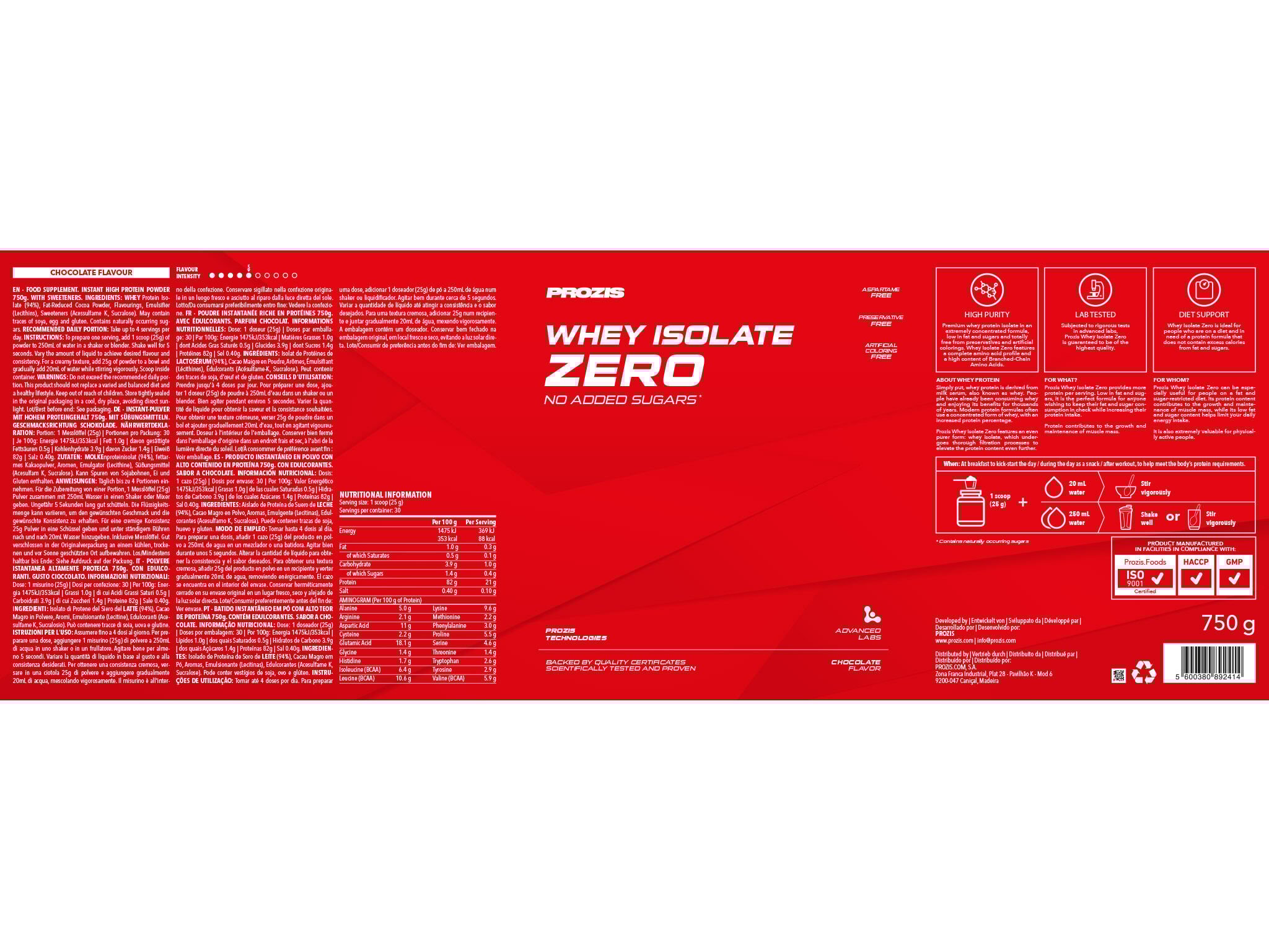 PROTE&Iacute;NA PROZIS ZERO WHEY ISOLATE CHOCOLATE 750G image number 1