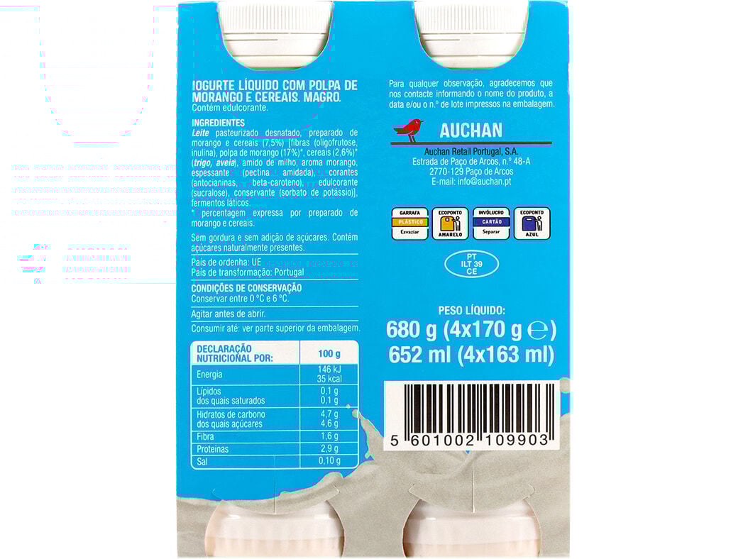 IOGURTE AUCHAN L&Iacute;QUIDO MAGRO MORANGO E CEREAIS 4X170G image number 2