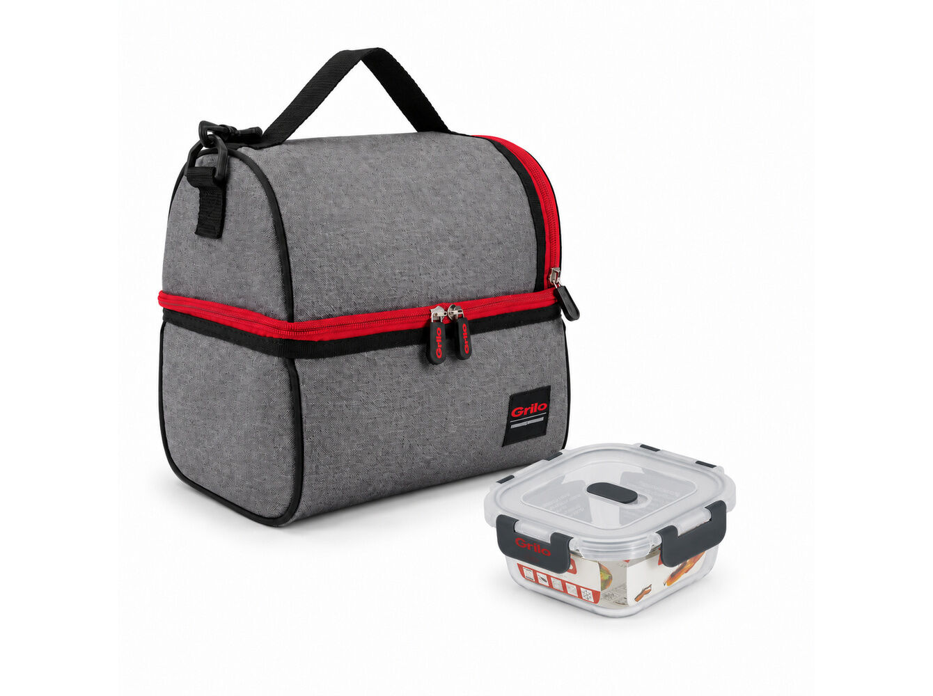 CONJUNTO LANCHEIRA+CAIXA VIDRO GRILO CINZENTO/VERMELHO 24X18X23CM