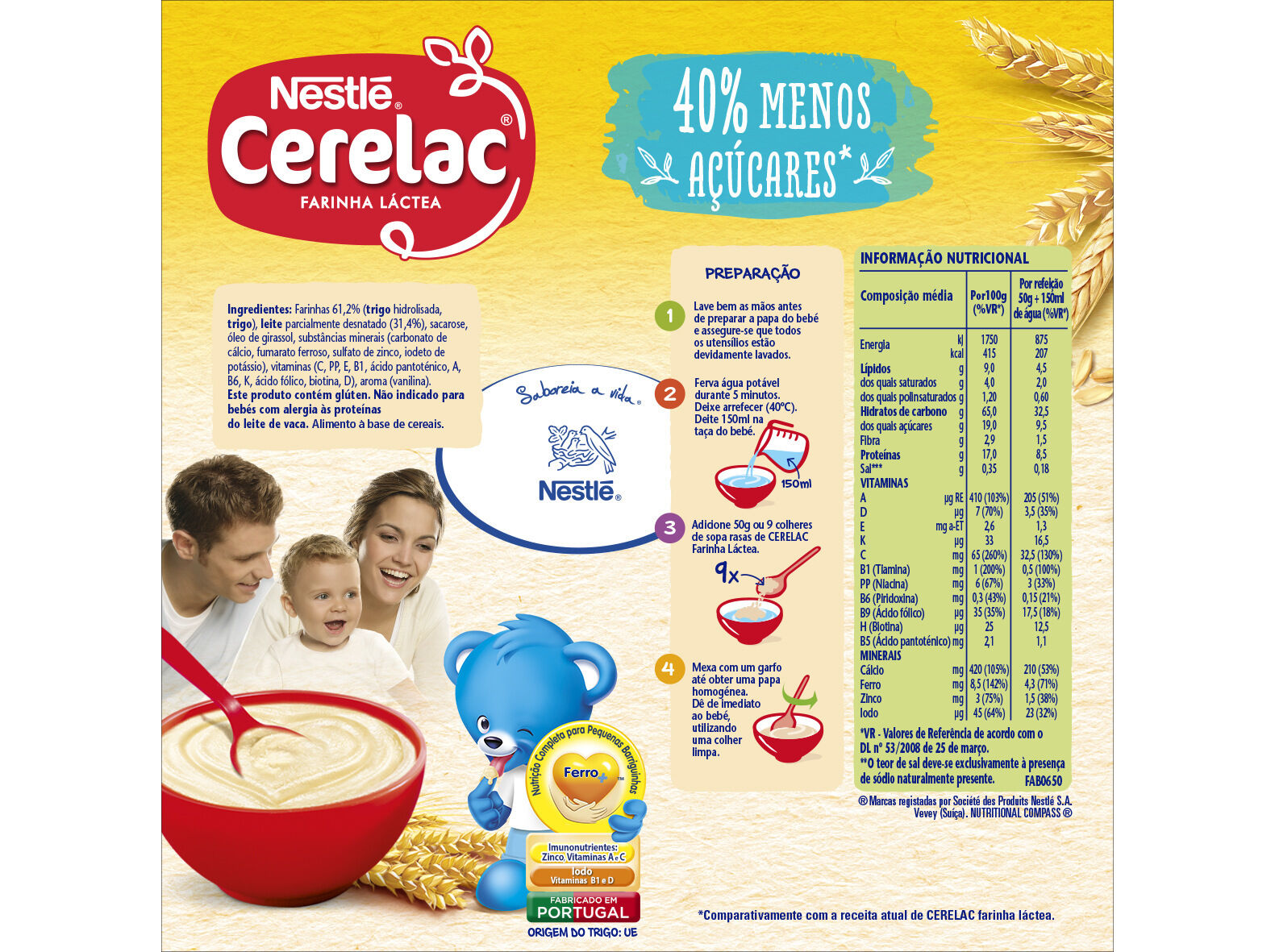 FARINHA L&Aacute;CTEA CERELAC -40% A&Ccedil;UCAR 900GR image number 1
