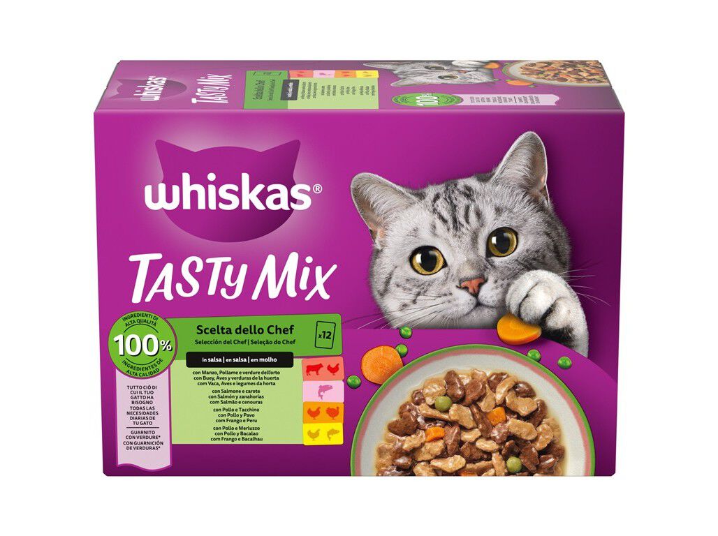 COMIDA H&Uacute;MIDA GATO WHISKAS TASTY MIX SELE&Ccedil;&Atilde;O DO CHEF 12X85G
