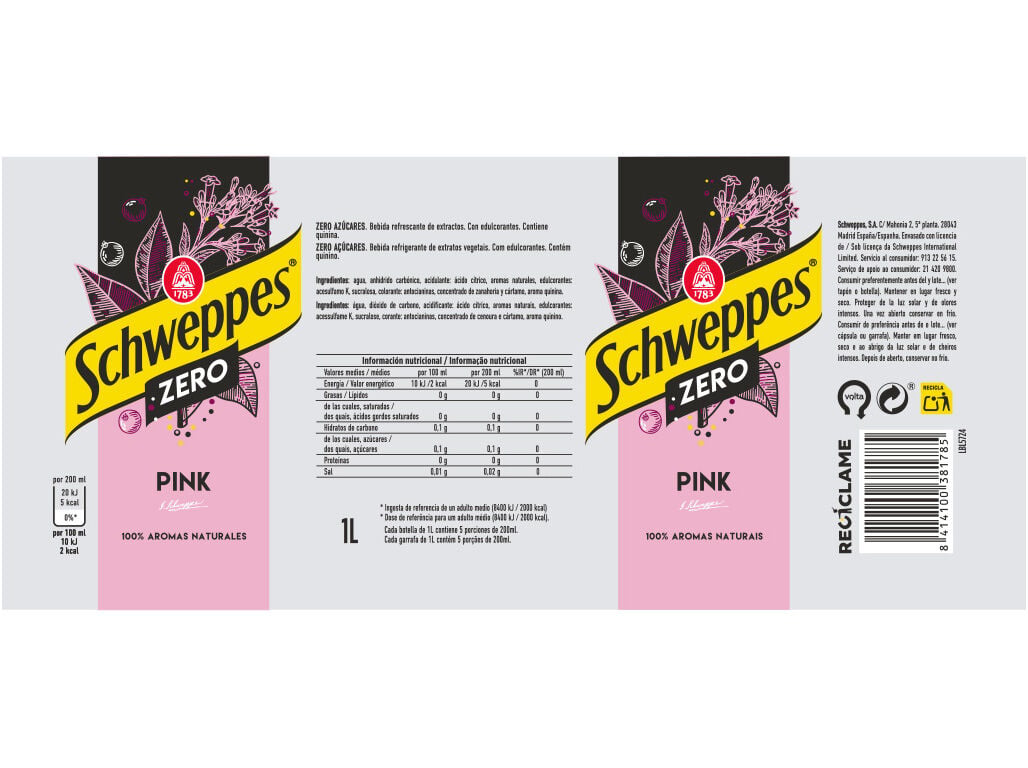 &Aacute;GUA T&Oacute;NICA SCHWEPPES PINK ZERO 1L (SDR) image number 1