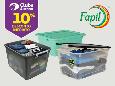 Em caixas de arrumação da marca Fapil