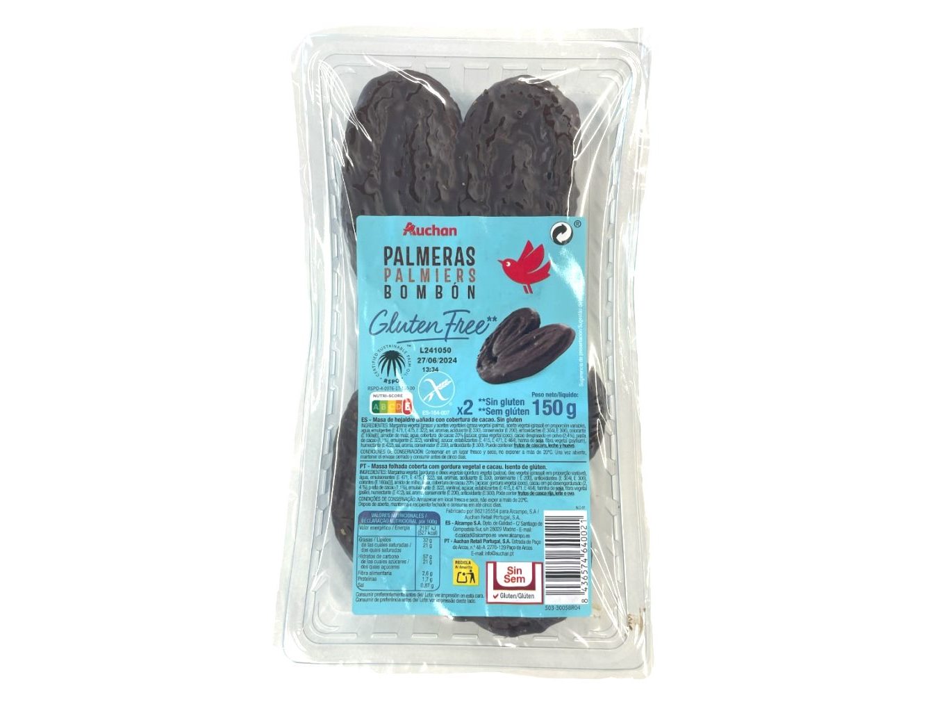 Palmiers Auchan Sem Glúten Cobertos De Cacau 2un 150g Auchan