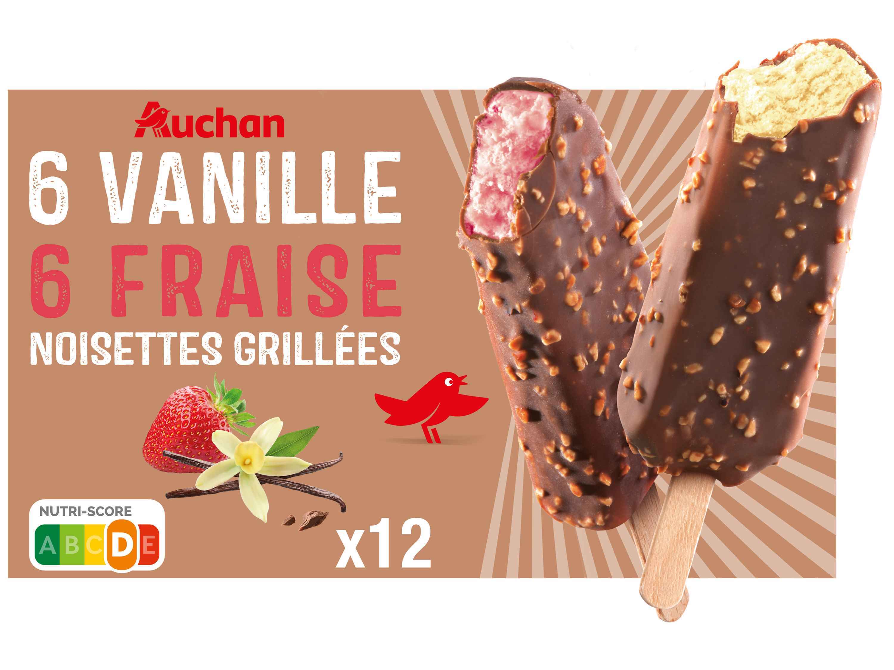 Gelado palito auchan baunilha morango 12x60ml