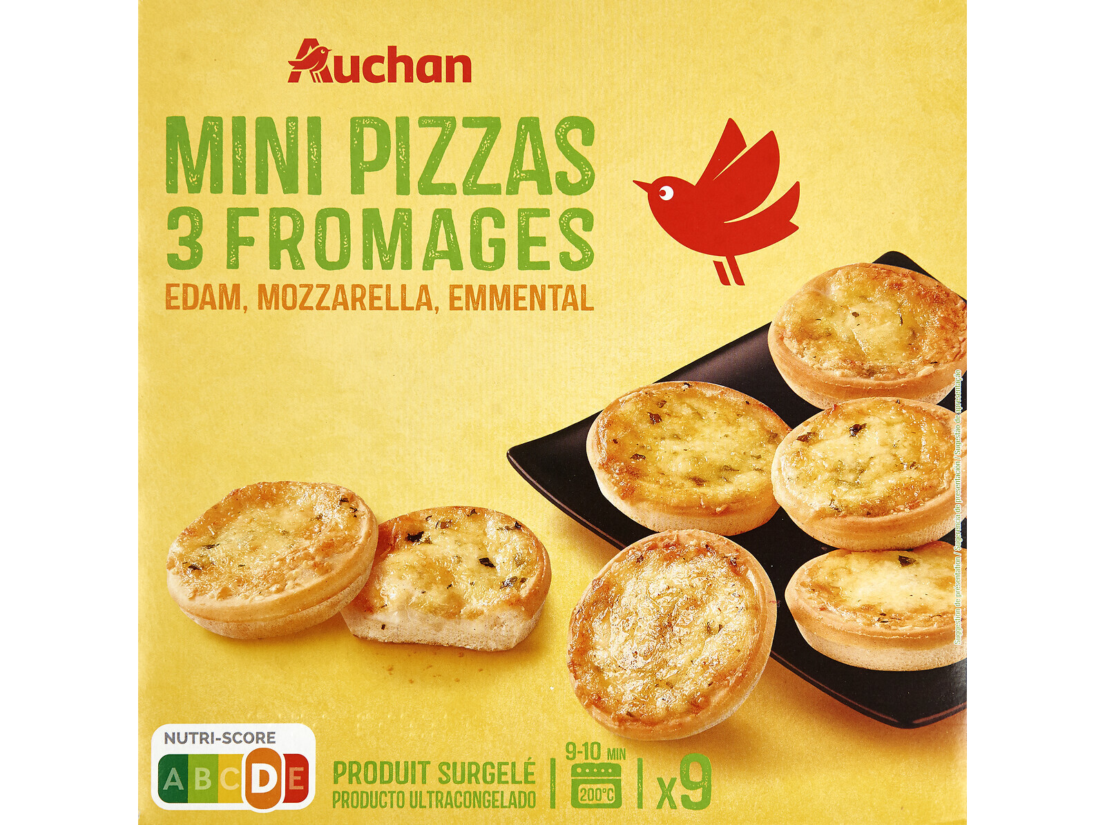 Mini pizzas auchan 3 queijos edam mozzarella e emmental 9un 270g