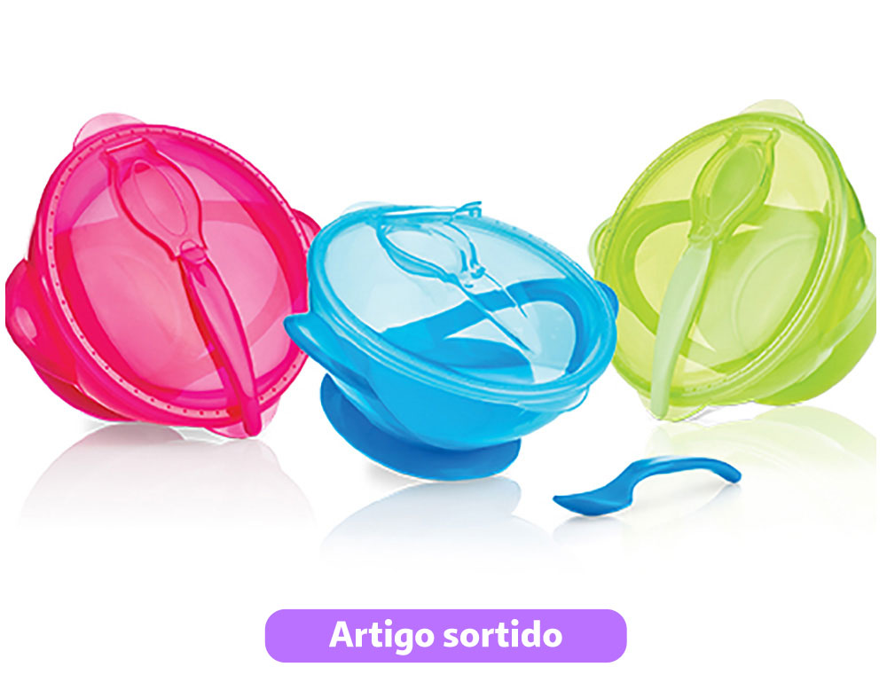 Taça com ventosa e colher nuby +6 meses 360ml cores sortidas