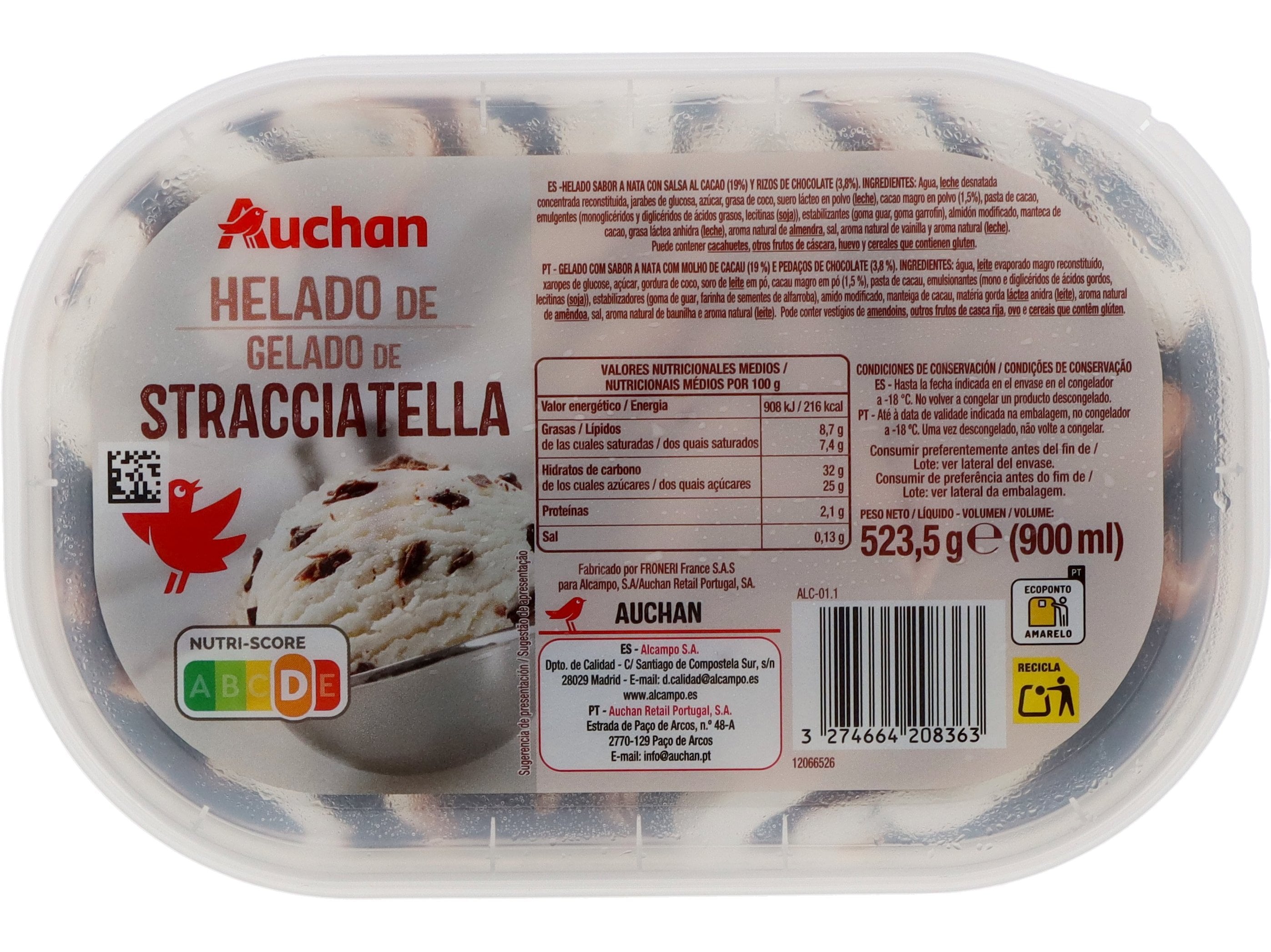 Gelado Auchan Stracciatella 900ml Auchan