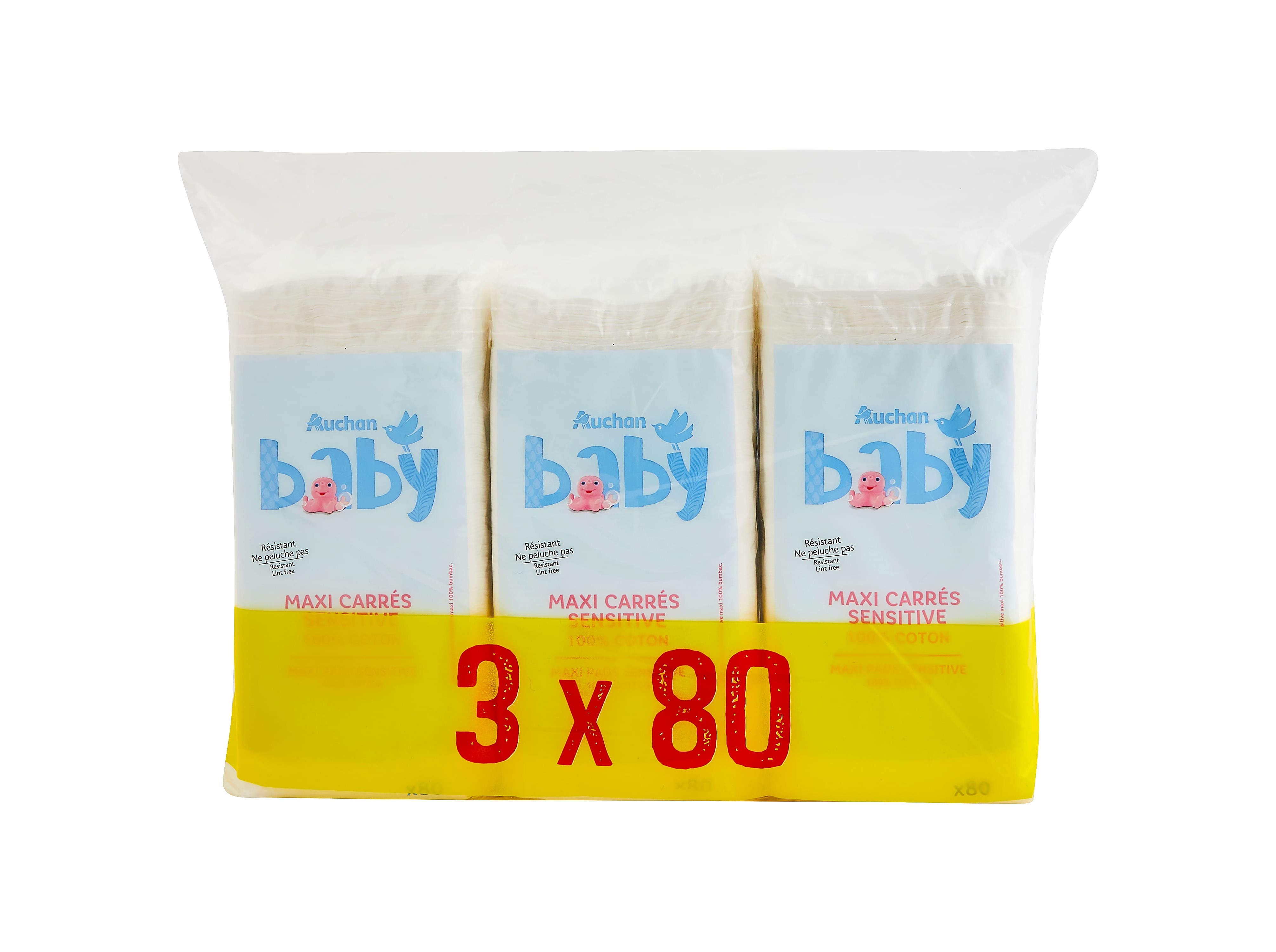 Quadrados auchan baby 100% algodão maxi 3x80 240un