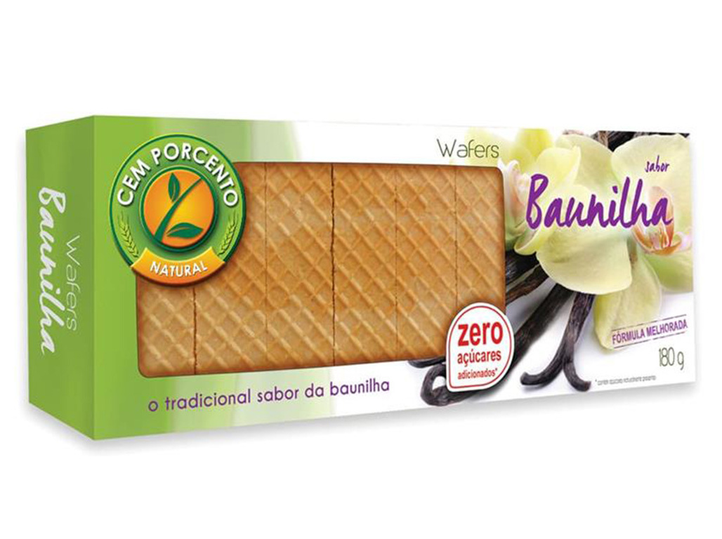 Wafer Cem Porcento Baunilha Sem Açúcar 180g Cem Porcento