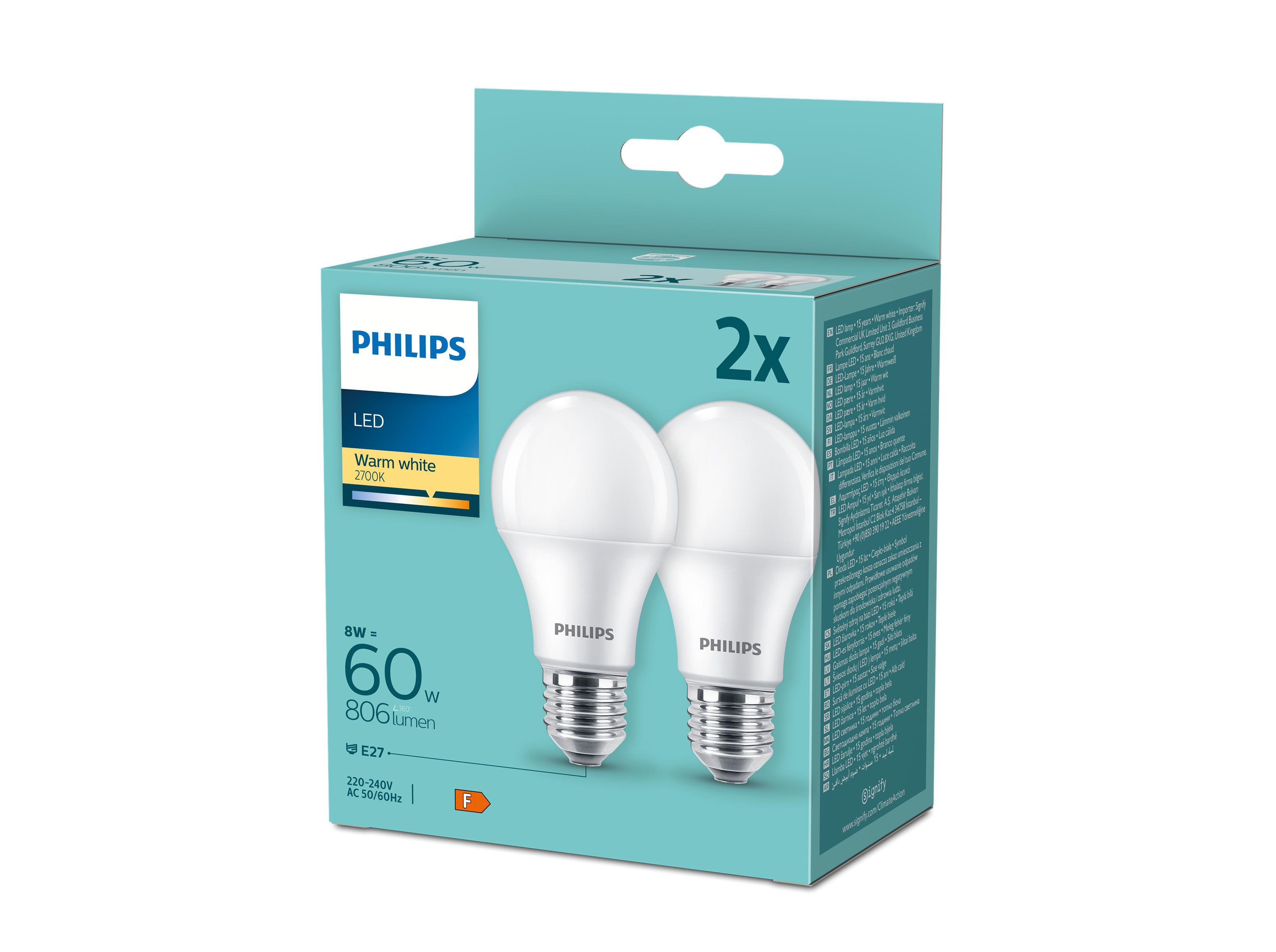 Leds e27 clássicos philips 60w a60 ww fr