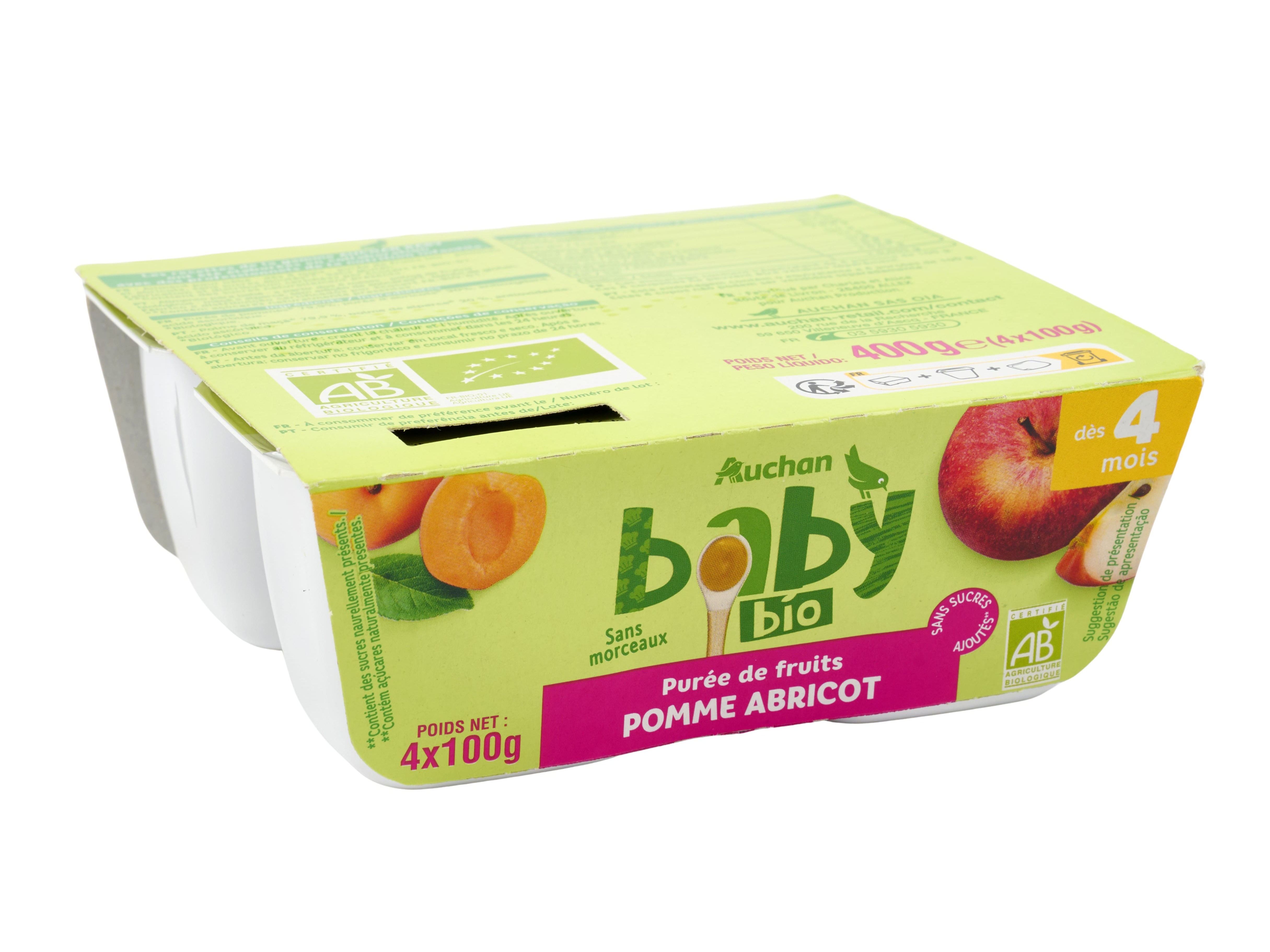 Tacinha fruta auchan baby bio maçã e alperce sem glúten 4x100g