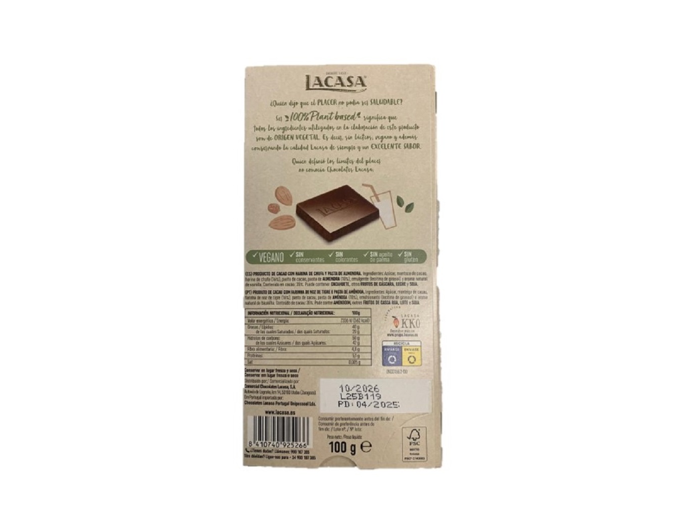 Chocolate lacasa leite vegetal 100g