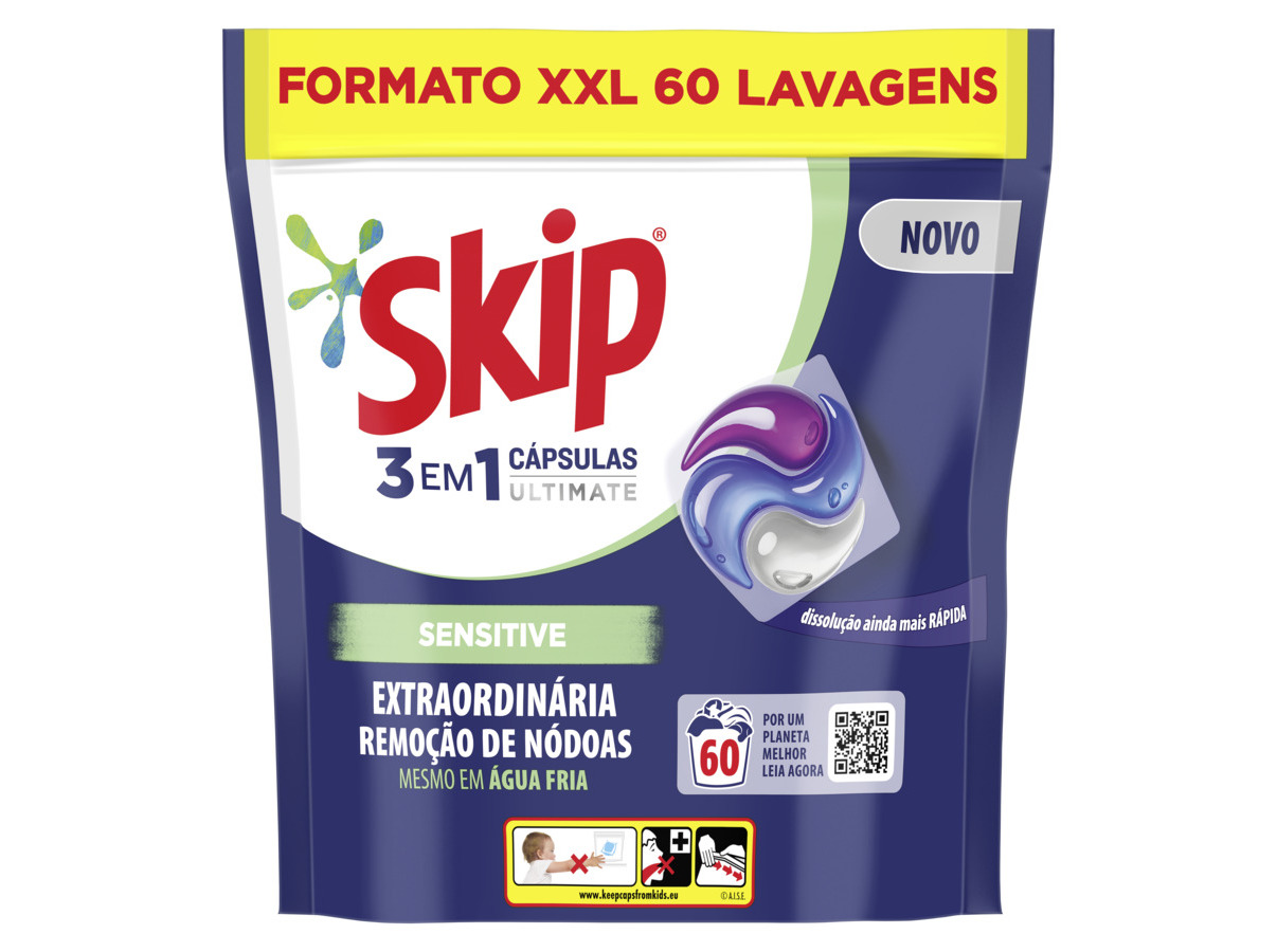 Detergente máquina roupa cápsulas skip sensitive 60d