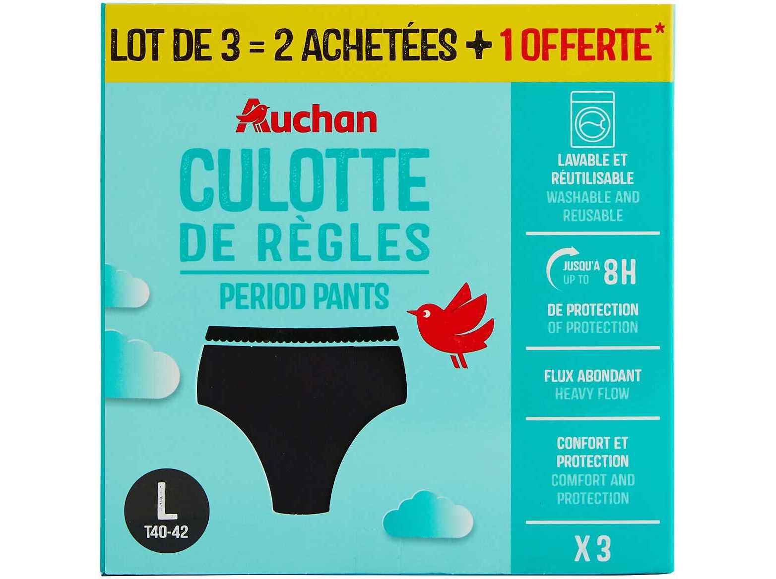 Cuecas menstruais auchan preto fluxo abundante l 3un