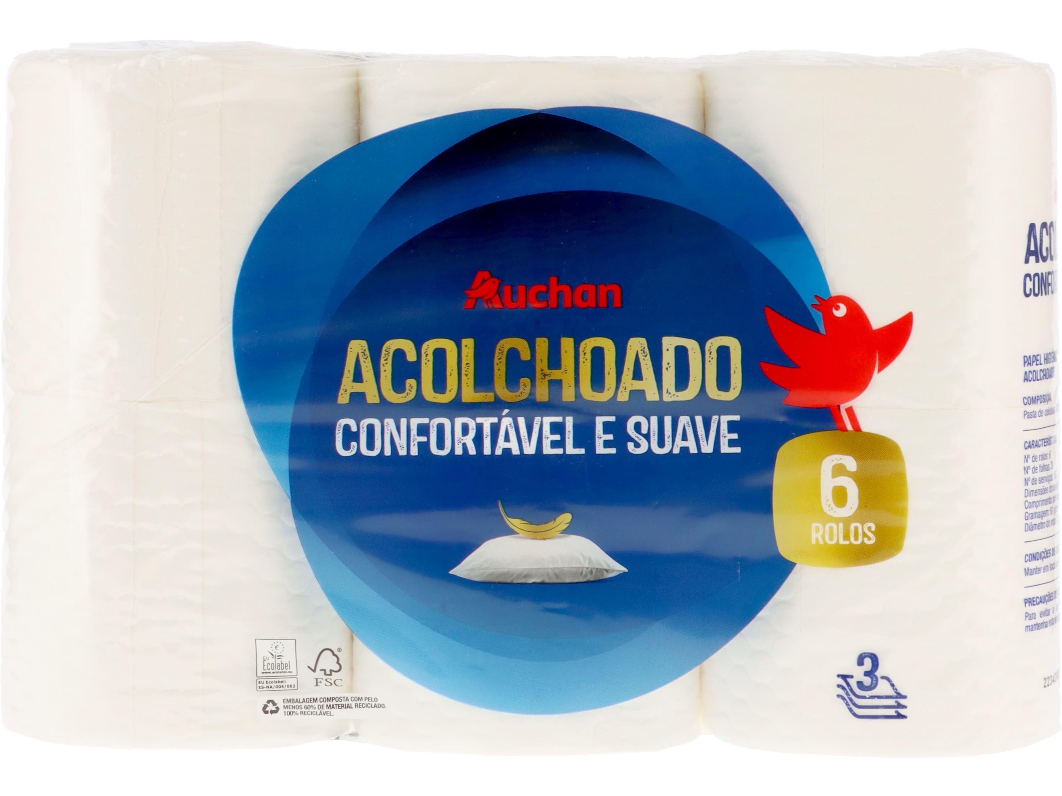 Papel higiénico auchan acolchoado 3 folhas 6 rolos