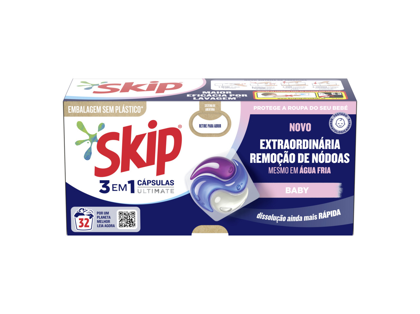 Detergente roupa máquina cápsulas skip baby embalagem cartão 32doses