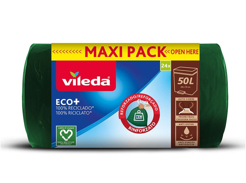 Sacos lixo vileda 100% reciclado maxi 50l 24un